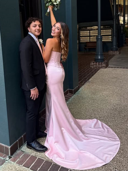 Strapless Mermaid Pink Satin Long Prom Dresses with Slit, Mermaid Pink Formal Dresses, Pink Evening Dresses SP3387