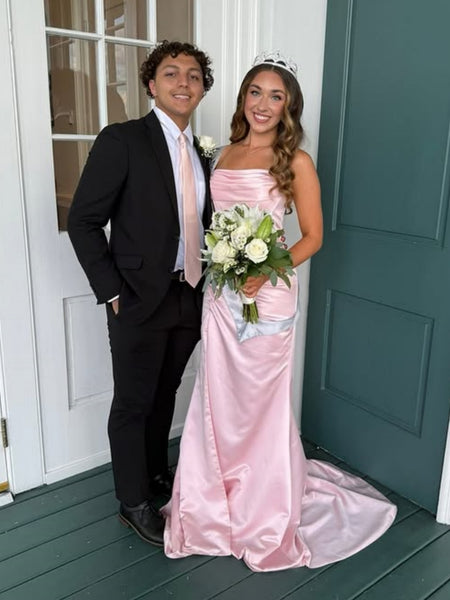 Strapless Mermaid Pink Satin Long Prom Dresses with Slit, Mermaid Pink Formal Dresses, Pink Evening Dresses SP3387