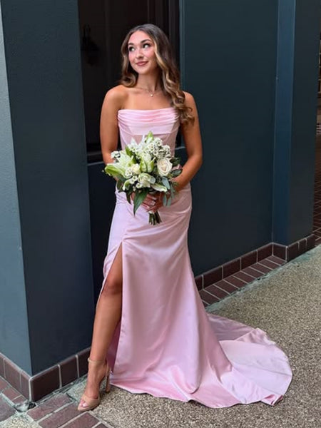 Strapless Mermaid Pink Satin Long Prom Dresses with Slit, Mermaid Pink Formal Dresses, Pink Evening Dresses SP3387