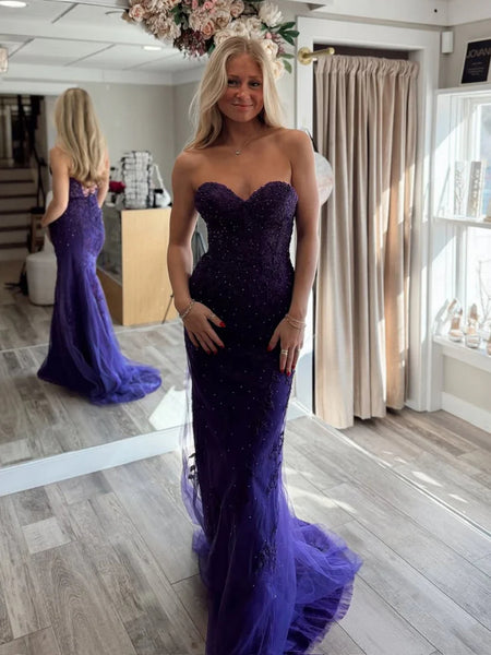 Strapless Mermaid Purple Lace Long Prom Dresses, Purple Lace Formal Dresses, Purple Evening Dresses SP3137