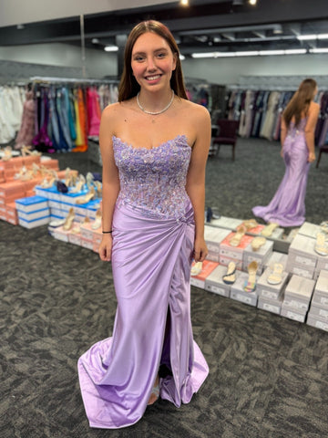 Strapless Mermaid Purple Lace Long Prom Dresses with Slit, Mermaid Purple Formal Dresses, Purple Lace Evening Dresses SP3423