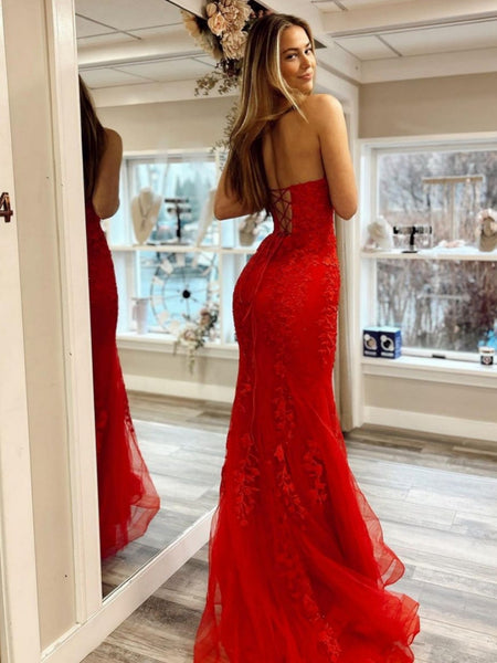Strapless Mermaid Red Lace Long Prom Dresses, Mermaid Red Formal Dresses, Red Lace Evening Dresses SP2878