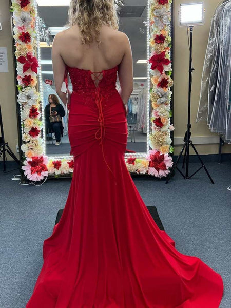 Strapless Mermaid Red Lace Long Prom Dresses with High Slit, Mermaid Red Formal Dresses, Red Lace Evening Dresses SP2817