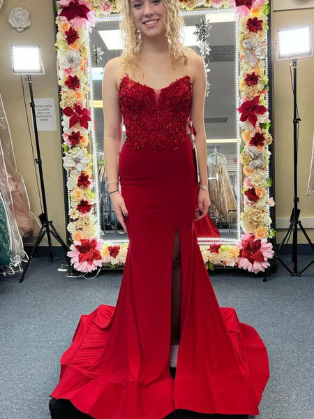 Strapless Mermaid Red Lace Long Prom Dresses with High Slit, Mermaid Red Formal Dresses, Red Lace Evening Dresses SP2817