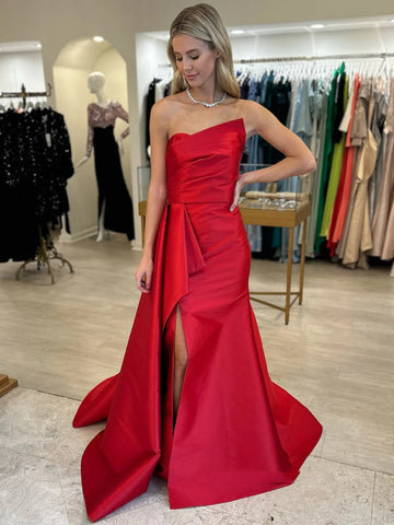 Strapless Mermaid Red Long Prom Dresses with High Slit, Mermaid Red Formal Dresses, Red Evening Dresses SP2971