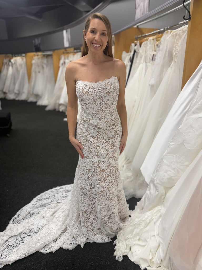 Strapless Mermaid White Lace Long Prom Dresses with Train, Mermaid White Formal Dresses, White Lace Evening Dresses SP3421