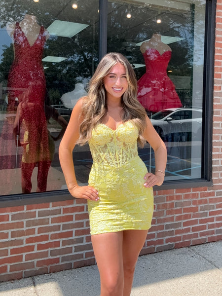 Strapless Mermaid Yellow Lace Short Prom Dresses, Yellow Lace Homecoming Dresses SP3478