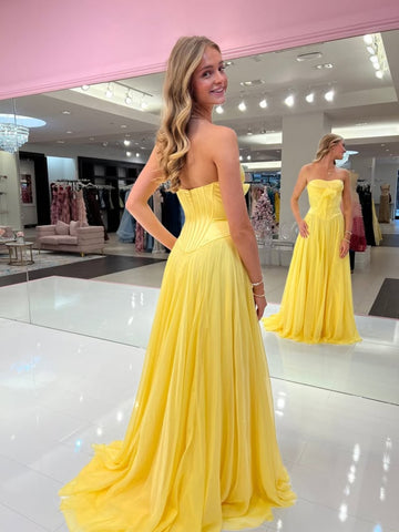 Strapless Mermaid Yellow Satin Long Prom Dresses, Mermaid Yellow Formal Dresses, Yellow Evening Dresses SP3330