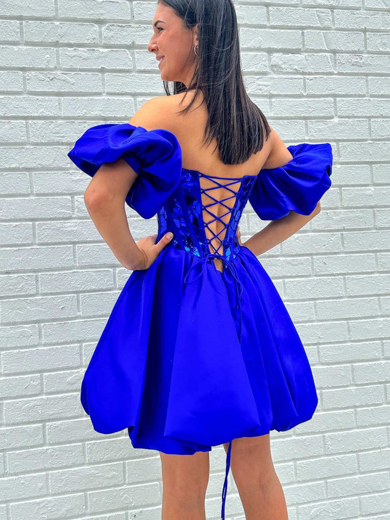 Strapless Mirror Sequins Royal Blue Short Prom Dresses, Royal Blue Mir Shiny Party Strapless Mirror Sequins Royal Blue Short Prom Dresses, Royal Blue Mir Shiny Party