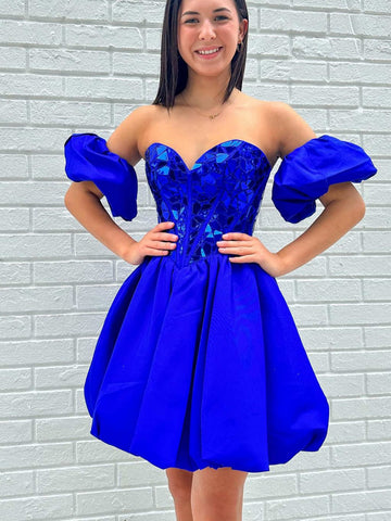 Strapless Mirror Sequins Royal Blue Short Prom Dresses, Royal Blue Mirror Sequins Homecoming Dresses, Royal Blue Formal Graduation Evening Dresses SP2784