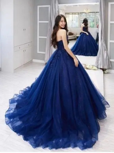Strapless Navy Blue Lace Long Prom Dresses, Navy Blue Lace Formal Evening Dresses, Ball Gown SP2824