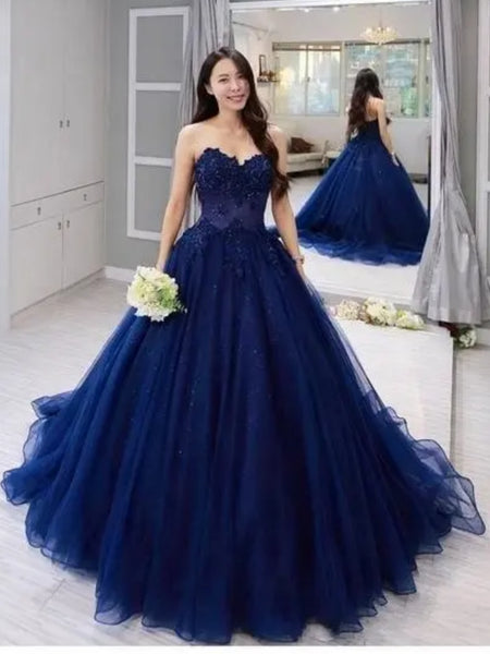 Strapless Navy Blue Lace Long Prom Dresses, Navy Blue Lace Formal Evening Dresses, Ball Gown SP2824