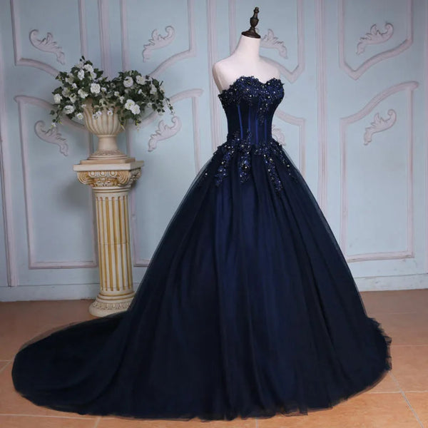Strapless Navy Blue Lace Sequins Long Prom Dresses with Train, Navy Blue Lace Formal Evening Dresses, Navy Blue Ball Gown SP2893