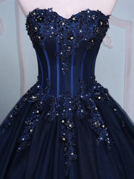 Strapless Navy Blue Lace Sequins Long Prom Dresses with Train, Navy Blue Lace Formal Evening Dresses, Navy Blue Ball Gown SP2893