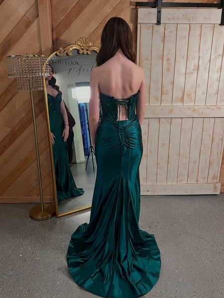 Strapless Open Back Emerald Green Lace Long Prom Dresses, Emerald Green Lace Formal Graduation Evening Dresses SP2128