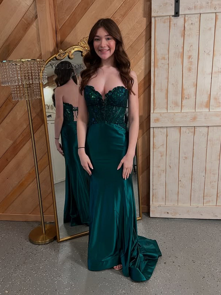 Strapless Open Back Emerald Green Lace Long Prom Dresses, Emerald Gree Shiny Party Strapless Open Back Emerald Green Lace Long Prom Dresses, Emerald Gree Shiny Party