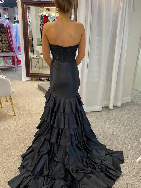 Strapless Open Back High Slit Black Sequins Long Prom Dresses with Train, Long Black Formal Evening Dresses SP2124