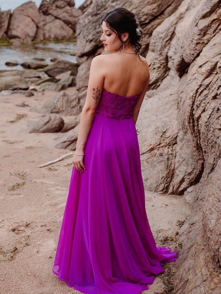 Strapless Open Back Magenta Lace Long Prom Dresses, A Line Magenta Lac Shiny Party Strapless Open Back Magenta Lace Long Prom Dresses, A Line Magenta Lac Shiny Party
