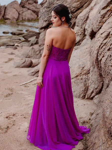 Strapless Open Back Magenta Lace Long Prom Dresses, A Line Magenta Lace Formal Graduation Evening Dresses SP3101