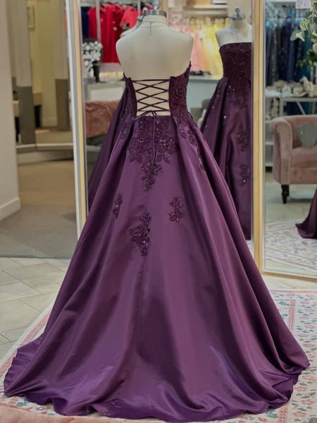 Strapless Open Back Purple Lace Long Prom Dresses, Purple Lace Formal Dresses, Purple Evening Dresses SP3370