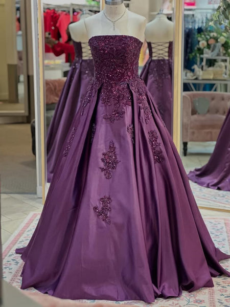 Strapless Open Back Purple Lace Long Prom Dresses, Purple Lace Formal Dresses, Purple Evening Dresses SP3370