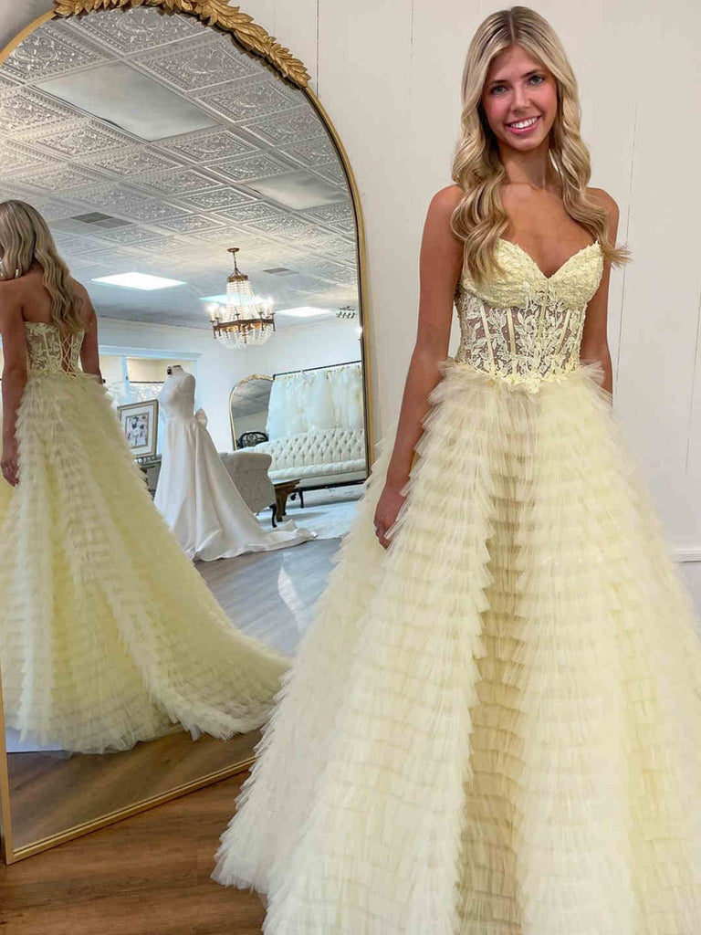 Strapless Open Back Yellow Lace Long Prom Dresses, Yellow Lace Formal Evening Dresses, Yellow Ball Gown SP2843
