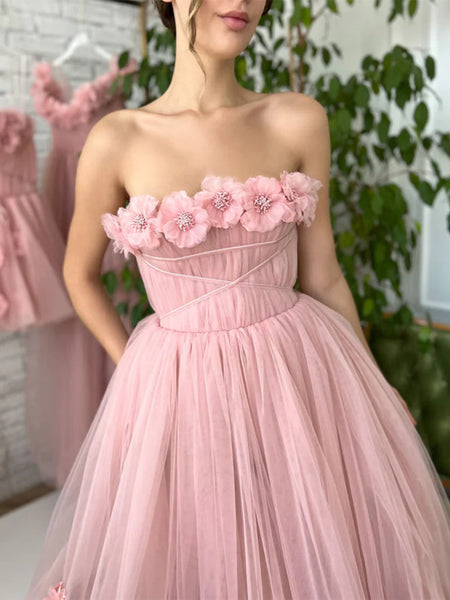 Strapless Pink Floral Tea Length Prom Dresses, Pink Homecoming Dresses with 3D Flowers, Pink Formal Graduation Evening Dresses SP2749