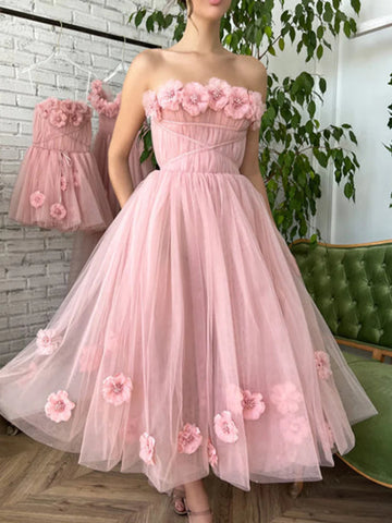 Strapless Pink Floral Tea Length Prom Dresses, Pink Homecoming Dresses with 3D Flowers, Pink Formal Graduation Evening Dresses SP2749