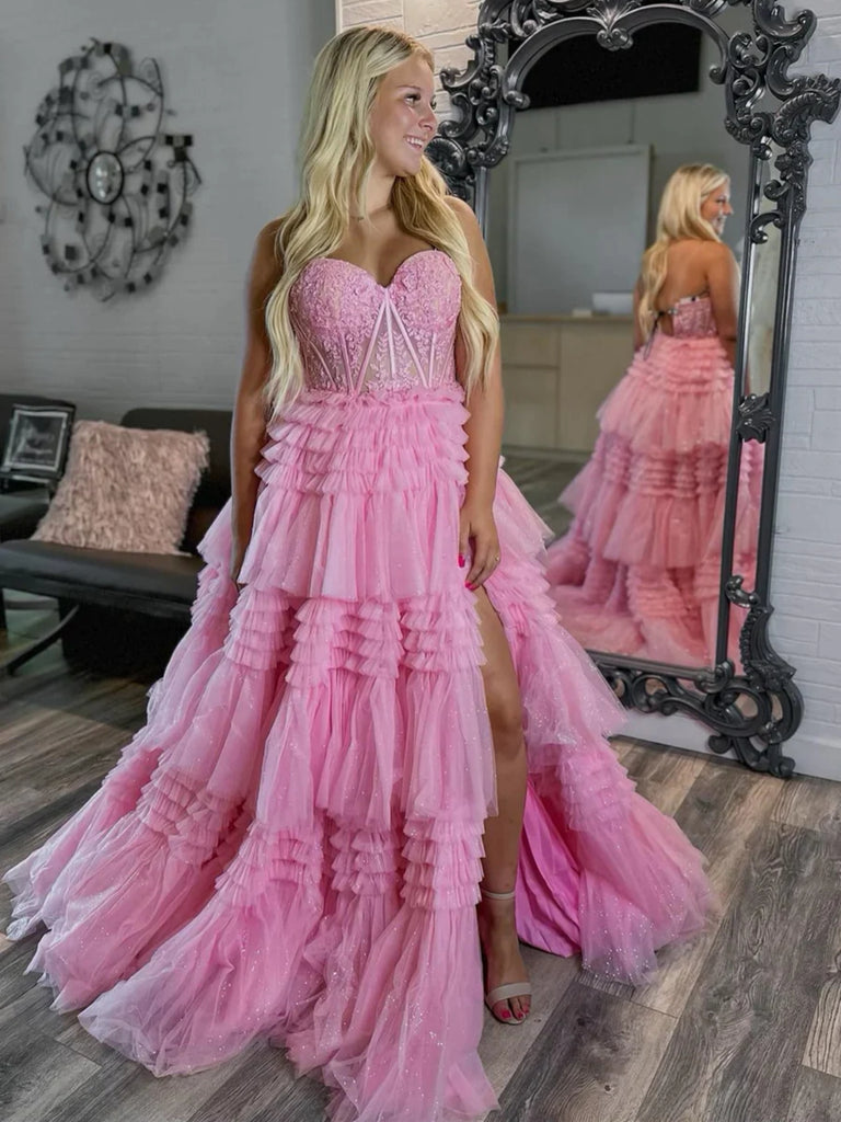 Strapless Pink Lace Long Prom Dresses with High Slit, Layered Pink Formal Graduation Evening Dresses SP2902