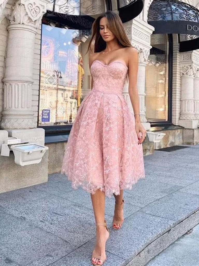 short pink lace dress Blush Pink A-line Spaghetti Straps Homecoming Dresses With Lace Appliques, MH561