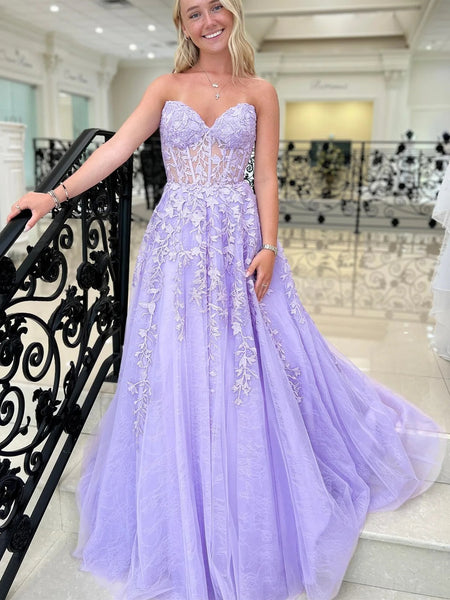 Strapless Purple Lace Long Prom Dresses, Purple Lace Formal Dresses, Long Purple Evening Dresses SP2779