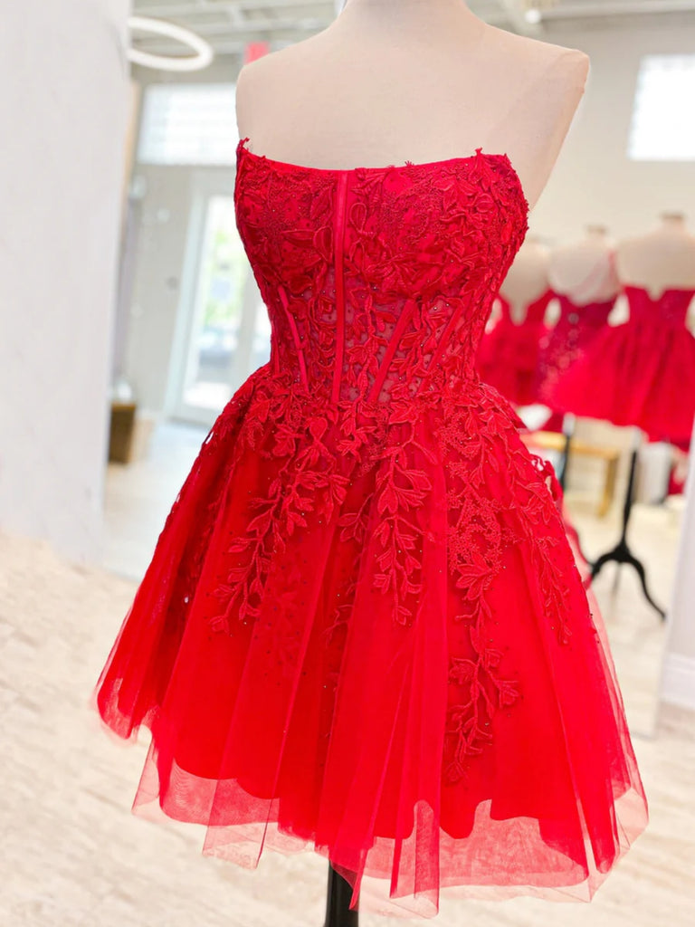 Strapless Purple/Red/Blue Lace Short Prom Dresses, Purple/Red/Blue Lac Shiny Party Strapless Purple/Red/Blue Lace Short Prom Dresses, Purple/Red/Blue Lac Shiny Party