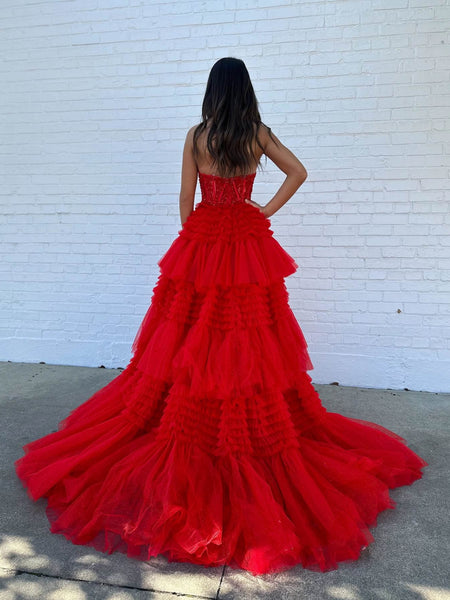 Strapless Red Lace Long Prom Dresses with High Slit, Red Lace Formal Dresses, Long Red Evening Dresses SP3066