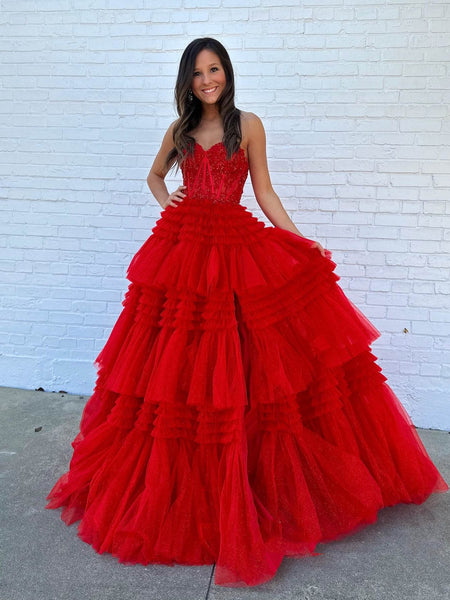 Strapless Red Lace Long Prom Dresses with High Slit, Red Lace Formal Dresses, Long Red Evening Dresses SP3066