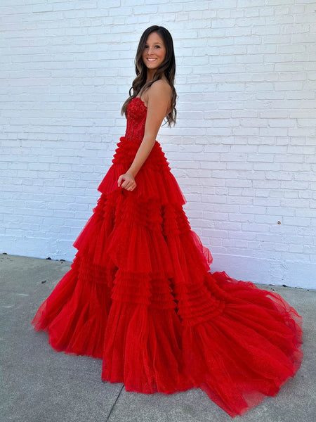 Strapless Red Lace Long Prom Dresses with High Slit, Red Lace Formal Dresses, Long Red Evening Dresses SP3066