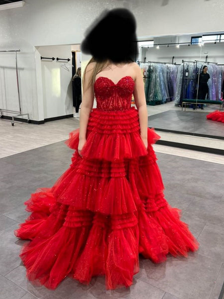 Strapless Red Lace Long Prom Dresses with High Slit, Red Lace Formal Dresses, Long Red Evening Dresses SP3066