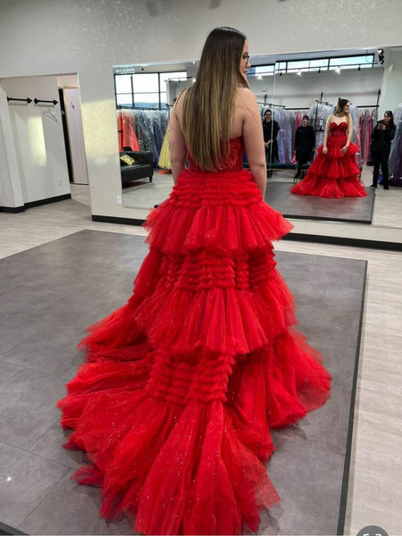 Strapless Red Lace Long Prom Dresses with High Slit, Red Lace Formal Dresses, Long Red Evening Dresses SP3066