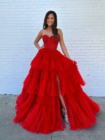 Strapless Red Lace Long Prom Dresses with High Slit, Red Lace Formal Dresses, Long Red Evening Dresses SP3066