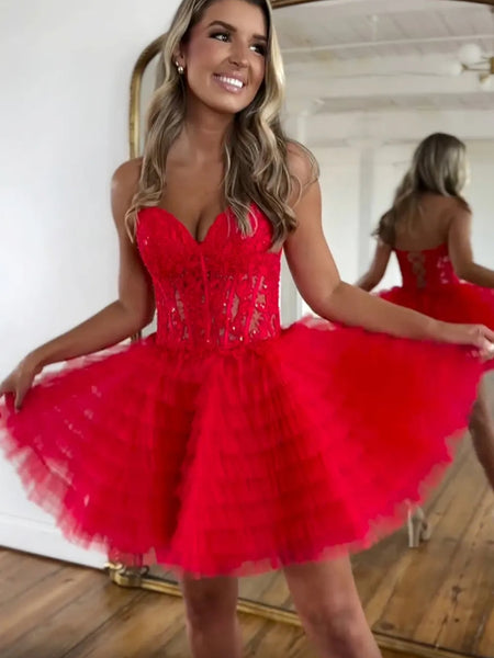 Strapless Red Lace Short Prom Dresses, Red Lace Homecoming Dresses, Red Formal Graduation Evening Dresses SP3259