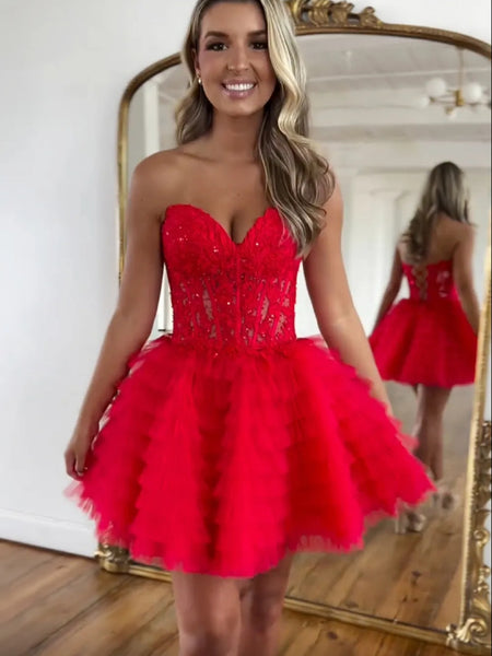 Strapless Red Lace Short Prom Dresses, Red Lace Homecoming Dresses, Red Formal Graduation Evening Dresses SP3259