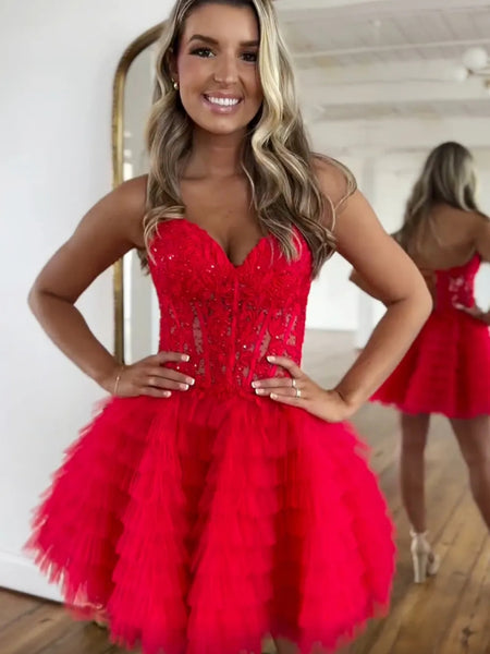 Strapless Red Lace Short Prom Dresses, Red Lace Homecoming Dresses, Red Formal Graduation Evening Dresses SP3259