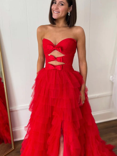 Strapless Red Ruffle Tulle Long Prom Dresses with High Slit, Long Red Formal Graduation Evening Dresses with Train SP2921