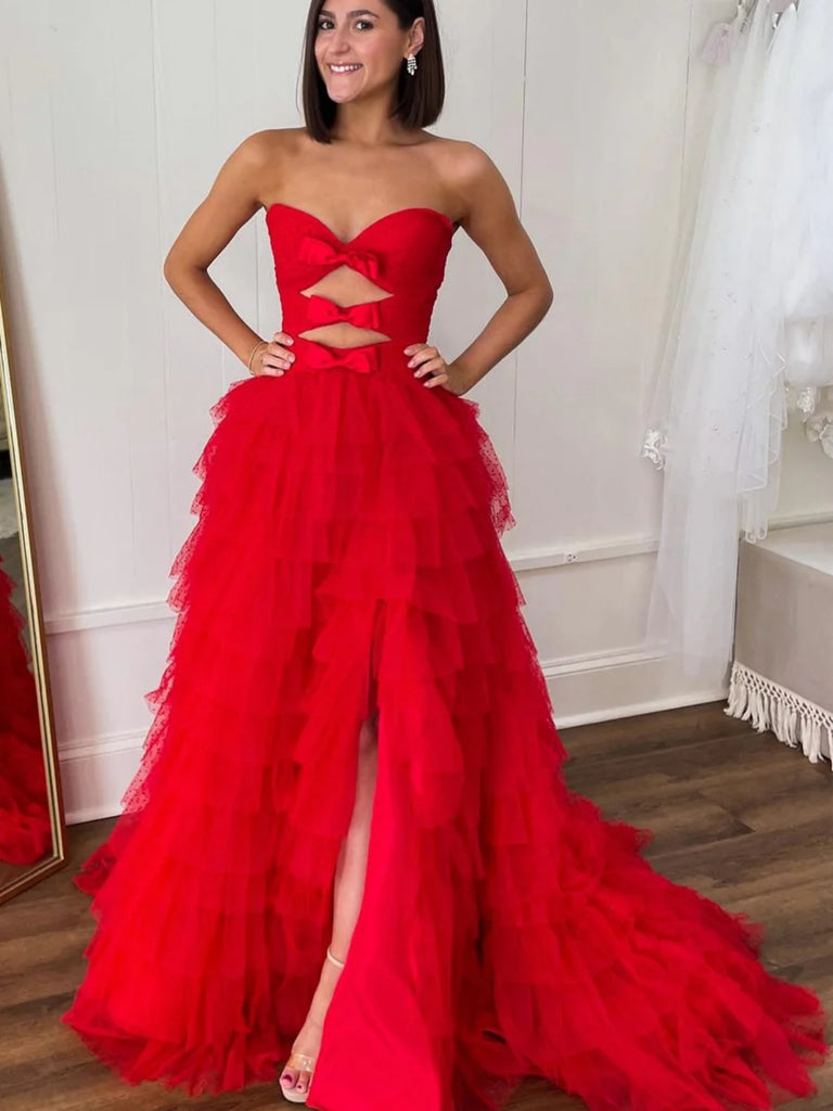 Strapless Red Ruffle Tulle Long Prom Dresses with High Slit, Long Red Shiny Party Strapless Red Ruffle Tulle Long Prom Dresses with High Slit, Long Red Shiny Party