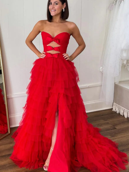 Strapless Red Ruffle Tulle Long Prom Dresses with High Slit, Long Red Formal Graduation Evening Dresses with Train SP2921