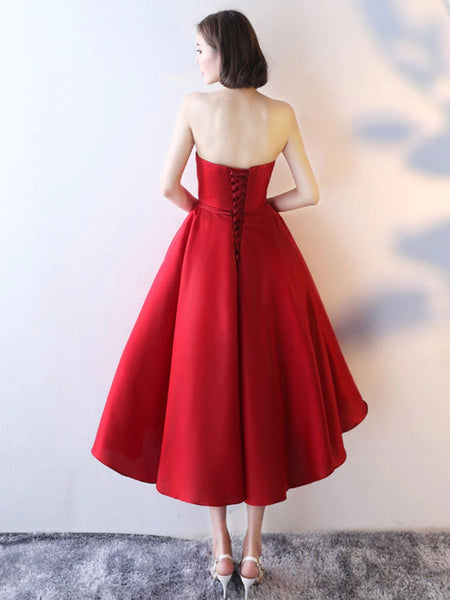Strapless Red Tea Length Prom Dresses, Red Homecoming Dresses, Tea Length Formal Evening Dresses SP2707