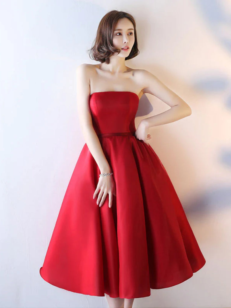 Strapless Red Tea Length Prom Dresses, Red Homecoming Dresses, Tea Len Shiny Party Strapless Red Tea Length Prom Dresses, Red Homecoming Dresses, Tea Len Shiny Party