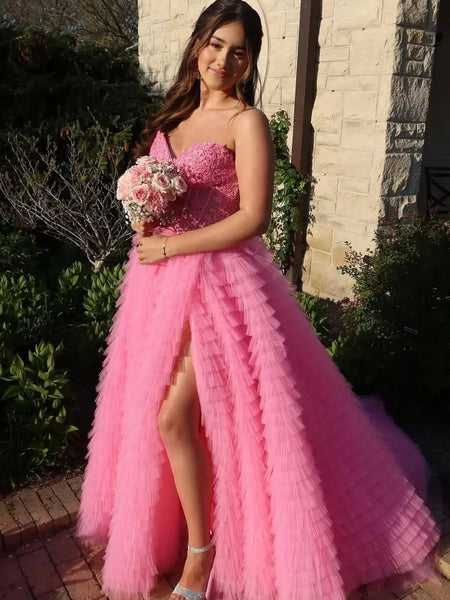 Strapless Ruffle Pink Lace Long Prom Dresses with High Slit, Pink Lace Formal Evening Dresses, Pink Ball Gown SP3225