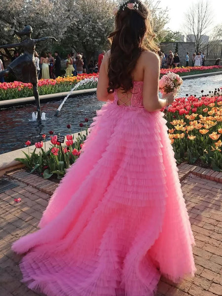 Strapless Ruffle Pink Lace Long Prom Dresses with High Slit, Pink Lace Formal Evening Dresses, Pink Ball Gown SP3225