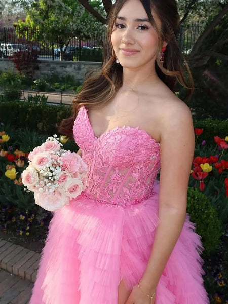 Strapless Ruffle Pink Lace Long Prom Dresses with High Slit, Pink Lace Formal Evening Dresses, Pink Ball Gown SP3225