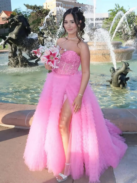 Strapless Ruffle Pink Lace Long Prom Dresses with High Slit, Pink Lace Formal Evening Dresses, Pink Ball Gown SP3225